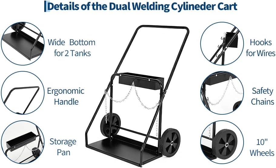 Dual Oxygen Cylinder Cart, Heavy Duty Welding Cylinder Cart & Cutting Torch Cart with 10" Wheels, Safety Chains, 440 lbs Capacity for Workshop Use