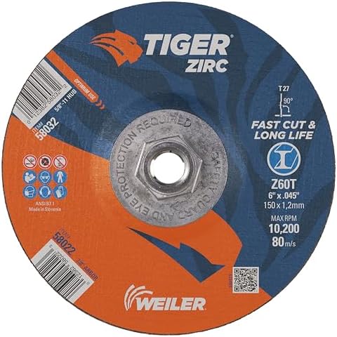 Weiler 58032 6 Inch Cutting Wheel, Tiger Zirc Steel/Metal Fast Cut & Long Life High Performance Cutting, 0.045" Z60T Type 27 5/8"-11 Hub, Pack of 10