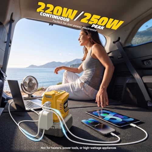 LIVOWALNY 220W-250W Power Inverter, Compatible with DeWALT 20V Battery, DC 20V to AC 110V-120V Portable Power Inverter, 1 AC Outlet, 2 USB Ports & 1 Type-C Port, Adjustable LED Work Light, (Tool Only)