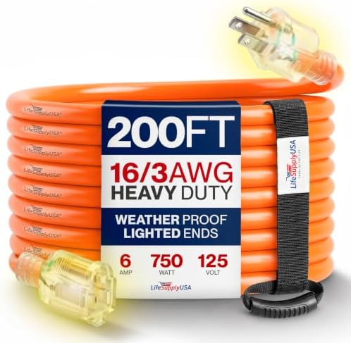 200ft Outdoor/Indoor Extension Cord 16/3 Gauge Heavy Duty 3 Prong SJTW, Waterproof, Flexible Cold-Resistant Long Power Cord,6A 125V 875W, Orange by LifeSupplyUSA