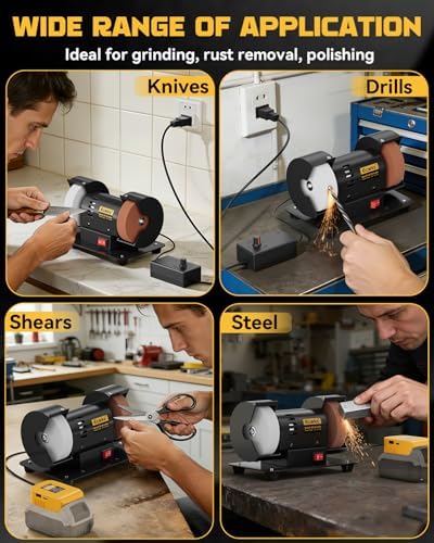 Ecarke 3" Mini Bench Grinder Compatible with Dewalt 20V (Tool Only) Bench Grinder 2000-10000 RPM Variable Speed with AC Adapter, Dual Grinding Wheels for Sharpen Knives, Drills, Steel, Rust Removal