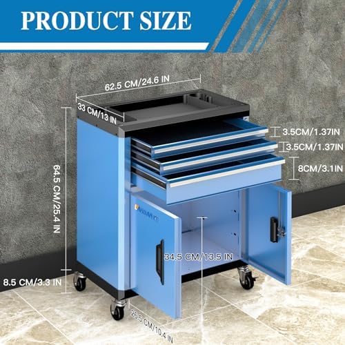 LARBANKE Rolling Tool Chest with Lock&Keys,360° Wheels and Drawer Liners,Tool Cabinet with 3 Drawers&2 Doors,Tool Cabinet Equipped with Connecting Rods for Stacking with 5&7-Drawer Chest