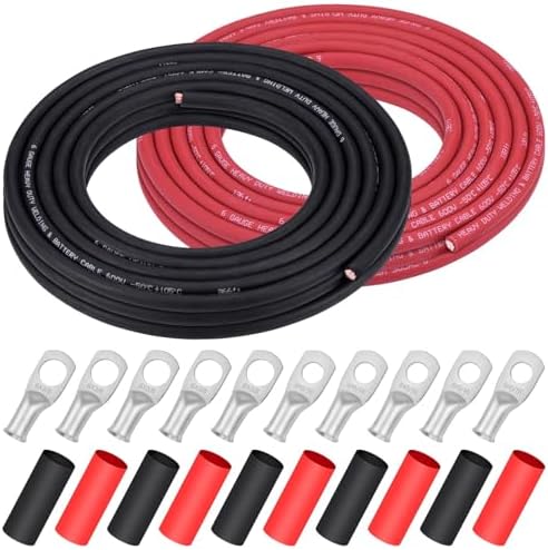 iGreely 6 Gauge 6 AWG Wire 30 Feet Black + 30 Feet Red Welding Battery Pure Copper Ultra Flexible Cable + 5pcs of 5/16" & 5pcs 3/8" Copper Cable Lug Terminal Connectors+Heat Shrink Tubing