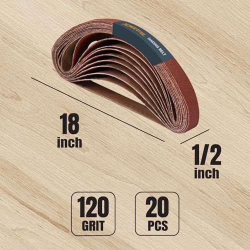 POWERTEC 1/2 x 18 Inch Sanding Belts, 20PK, 120 Grit Aluminum Oxide Belt Sander Sanding Belts for Air File Belt Sander, Woodworking, Knife Sharpening, Metal Polishing (401812)