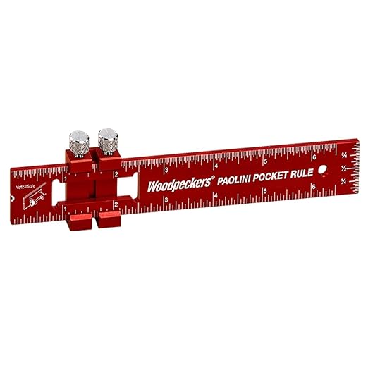 Woodpeckers Paolini Pocket Rule, Aluminum, 6" / 150mm Combo, Woodworking Ruler with Sliding Stop, Vertical End Scale, Scribing Notch, Engraved Scale