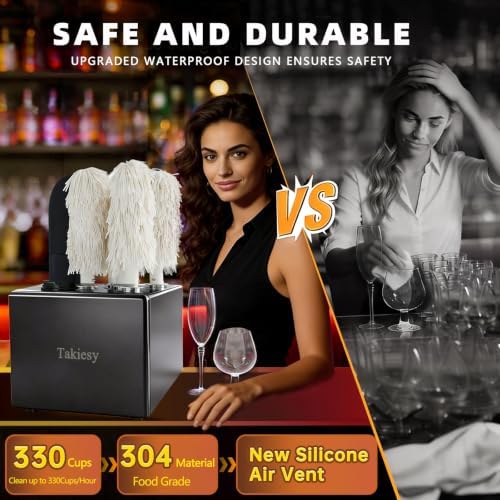 Commercial Glass Polisher Machine with 6 Microfiber Brushes, 330 Cups/Hour, 136℉ Warm Air Drying & LFGB Certified Heads, Stainless Steel Build for Wine Beer Glasses in Bar (Black SS)
