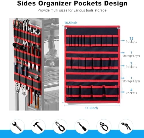 JUNNUJ Power Tool Organizer Cart with Charging Station, 10 FT Cord, Red