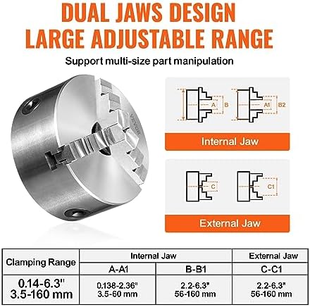 VEVOR 3-Jaw Lathe Chuck, 6'' Self-Centering Lathe Chuck, 0.14-6.3 in/3.5-160 mm Clamping Range with T-key Fixing Screws Reversible Jaws, for Lathe 3D Printer Machining Center Milling Drilling Machine