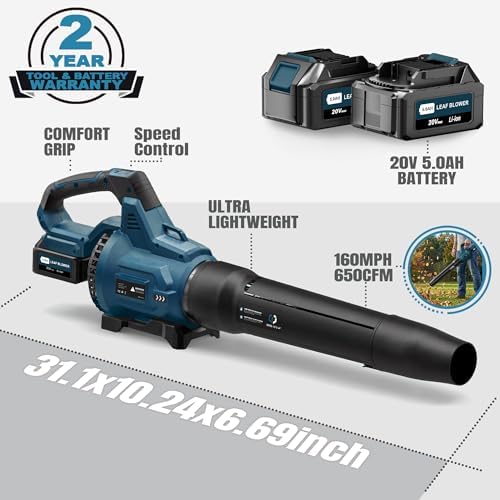 LOSART Leaf Blower Cordless, 650CFM & 3 Speed Levels, Electric Cordless Leaf Blower with 2x5.0Ah Battery Powered, Blowers for Lawn Care, Yard, Blowing Leaves, Dust, Snow(Blue)
