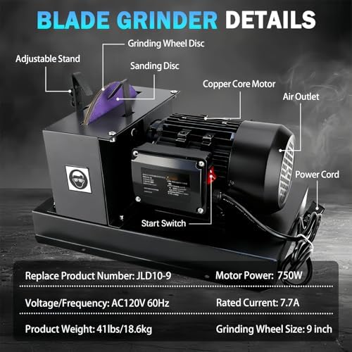 Lawn Mower Blade Sharpener, 1HP 750W Lawn mower Blade Grinder with 9-inch Ceramic Grinding Wheel and 36 Grit & 60 Grit Sanding Disc for High/Low Lift Blades, Gator Blades, Flat Blades Replace JLD10-8