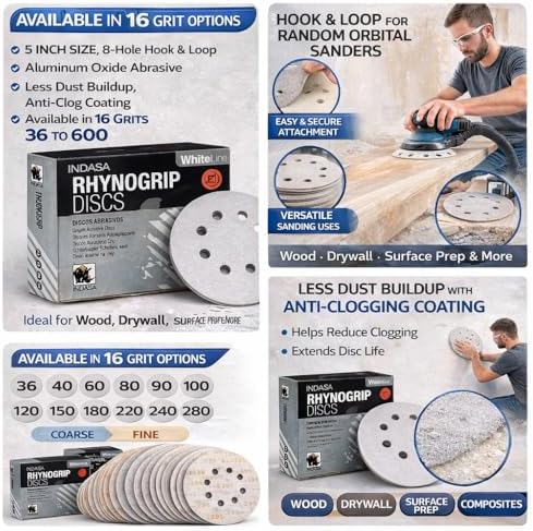 Indasa Rhynogrip White Line 5 Inch Sanding Discs, 8-Hole Hook & Loop – Aluminum Oxide, Random Orbital, Vacuum Compatible – 55 Series (50 Pack) (5 Inch, 180, Fine)