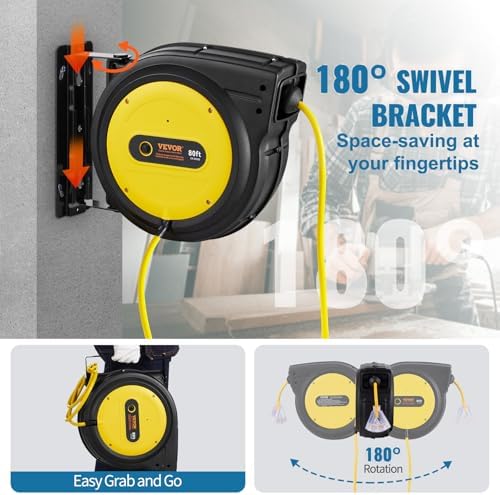 VEVOR 80FT Retractable Extension Cord Reel, 12AWG/3C SJTOW Heavy Duty Power Cord w/Lighted Electrical Triple Tap Outlets, 15A Circuit Breaker,180° Swivel Bracket for Workshop or Garage, Yellow