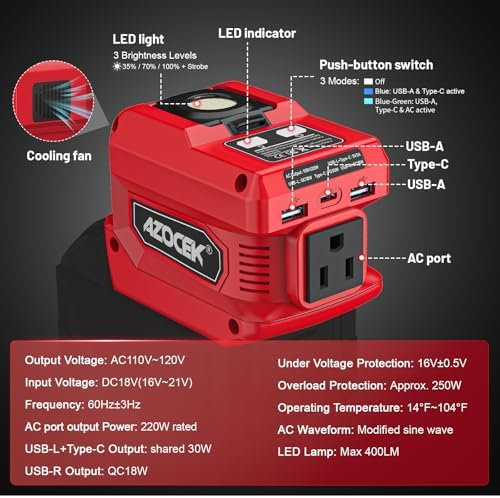 220W Azocek Power Inverter Compatible with Milwau-kee 18V Battery