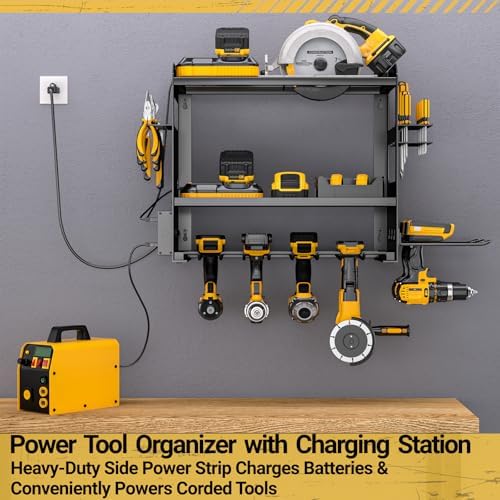 YYR Power Tool Organizer Wall Mount with Charging Station, Cordless Tools Hanger and Battery Storage Rack for Garage Organization, Heavy Duty Drill Holder Shelf Build in Metal Power Strip - Black