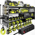 POKIPO Large Power Tool Organizer Wall Mount with Charging Station,4 Layer Heavy Duty Metal Tool Storage Rack Loads 600lbs with 8 Cordless Drill Holder,Battery Utility Rack Loads with 4 Power Strip