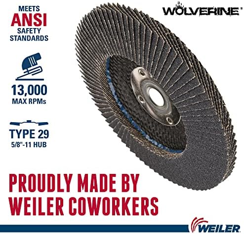 Weiler 31353 Wolverine 4-1/2" x 5/8"-11 UNC NUT Abrasive Flap Disc, 120 Grit Zirconia Alumina, Bevel Type 29, Phenolic Backing, Standard Density (Pack of 10)