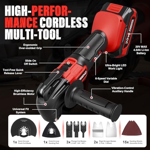 Cordless Oscillating Tool 20V Battery Powered Oscillating Multitool with 4° Oscillation Angle, 2 * 4.0A Batteries, 8,500-21,000 OPM, 6 Variable Speed Oscillating Saw for Sanding/Cutting & Scraping