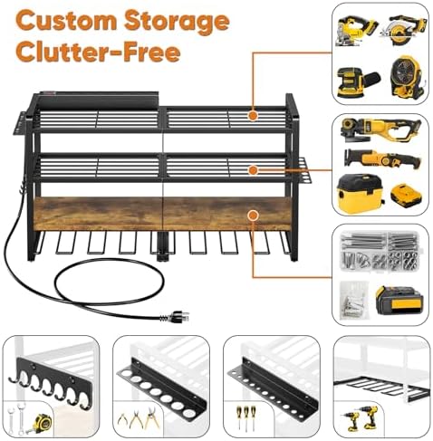 POKIPO Power Tool Organizer Wall Mount with Charging Station, 4 Tier Tool Battery Storage Rack Built in 8 Outlet Power Strip for Garage, 33" W, Black Wood