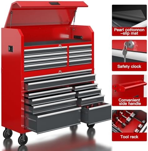 LARBANKE 60'' Rolling Tool Chest Combo, 18-Drawer Heavy Duty Steel Tool Cabinet with Power Outlet, Locking System & Wheels, Mobile Tool Box Organizer for Garage, Workshop, Mechanic & DIY Home Use