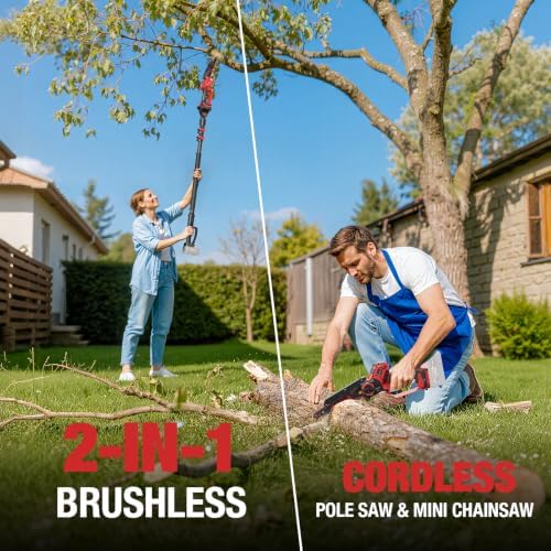 2-IN-1 Cordless 8-Inch Pole Saw & Chainsaw for Milwaukee M18 Battery - 1200W Brushless Motor, Total Reach of Max 15.9 FT, Lightweight, 8"&6"Electric Pole Saws for Tree Trimming Pruning (Tool Only)