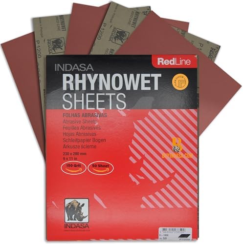 INDASA Rhynowet Red Line Wet Dry Sanding Sheets 9 x 11 Inch 150 Grit Waterproof Latex Backing Abrasive Paper for Wood Metal Automotive Surface Prep Pack of 50