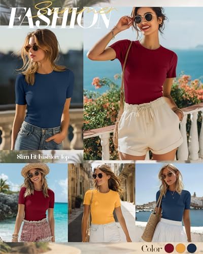 Ficerd 3 Pack Women's Ribbed Short Sleeve T-Shirts