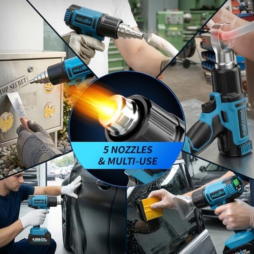 FULLYEA Cordless Heat Gun with Digital Display, 140℉-1004℉, with 5 Nozzles
