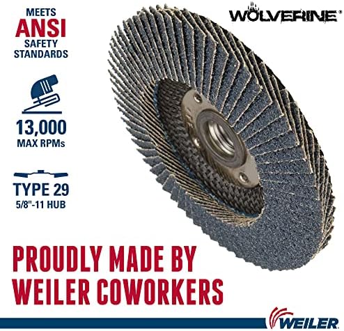 Weiler 31349 Wolverine 4-1/2" x 5/8"-11 UNC NUT Abrasive Flap Disc, 36 Grit Zirconia Alumina, Bevel Type 29, Phenolic Backing, Standard Density (Pack of 10)