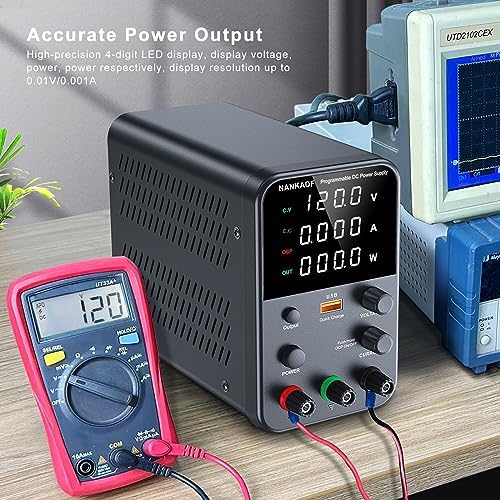 DC Power Supply Variable, Bench Power Supply with Encoder Adjustment Knob, Output Enable/Disable Button, Adjustable Power Supplies with USB Quick-Charge, Short Circuit Alam (120V 3A Black)