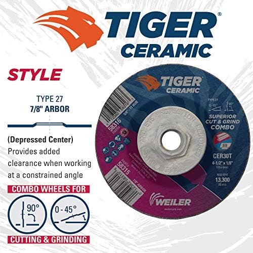 Weiler 58315 4-1/2 x 1/8 Tiger Ceramic Type 27 Cut Off/Grind Combo Wheel CER30T 7/8 A.H. (Pack of 25)