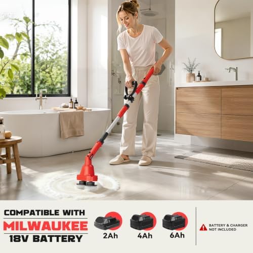 NATBEESY 2 in 1 Electric Spin Scrubber Compatible with Milwaukee 18V Battery (Tool Only), Dual Head Power Scrubber, 680/1200 RPM, 45° Adjustable Head, Extendable Handle for Tile, Tub, Floor & Bathroom
