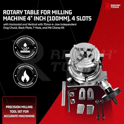 Rotary Table, Horizontal & Vertical, 70mm 4 Jaw Chuck & M6 Clamp Set, 4"