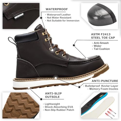 KELODON Waterproof Steel Toe Boots For Men 6" Moc Work Shoes