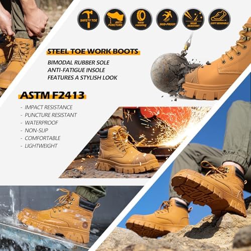 KELODON Waterproof Steel Toe Boots For Men 6 Inch Leather Steel Toe Shoes Non Slip Resistant Safety Work Boots Indestructible Lightweight Construction Boot