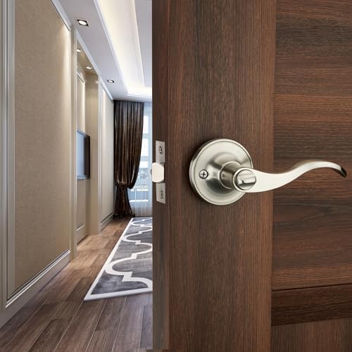 1 Pack of HENYIN Wave Lever Door Lock/Door Knob Hardware Handle and Closet Lockset, Silver Color, Bathroom Version Without Key,Left Hand (805SN-L-Bk)