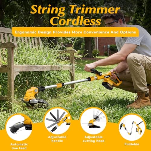 20V Electric Weed Wacker Cordless Edger Lawn Tool 2 X 2.0Ah Battery Powered Weed Eater and Charger, 12" Lightweight String Trimmer, Auto Line Feed Grass Cutter Lawn Mower for Small Yard Garden, Yellow