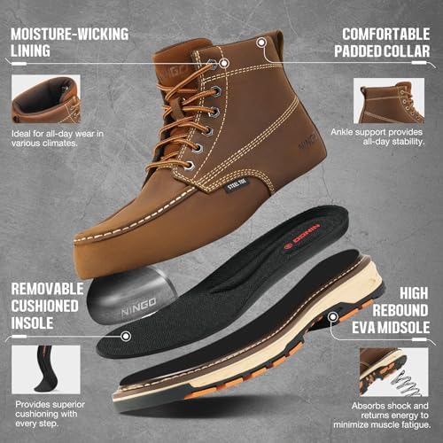 NINGO Steel Toe Work Boots for Men, Non Slip Mens Safety Moc Toe Work Shoes