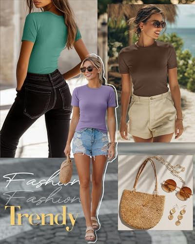 Ficerd 3 Pack Women's Ribbed Short Sleeve T-Shirts