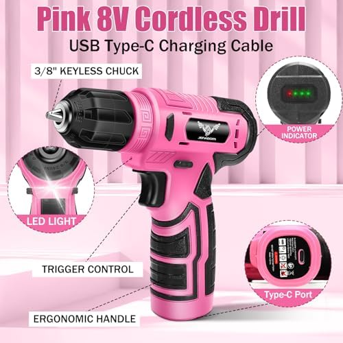 JENABOM 127-Piece Home Tool Set with 8V Pink Cordless Drill