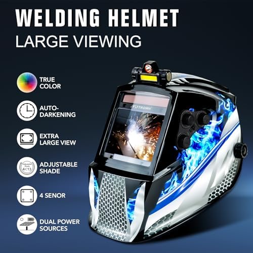 TRQWH Welding Helmet Auto Darkening Large Viewing True Color Solar Powered Welding Mask with 4 Arc Sensor Adjustable Wide Shade Range 4~5-8/9-13 Welder Mask with Grinding