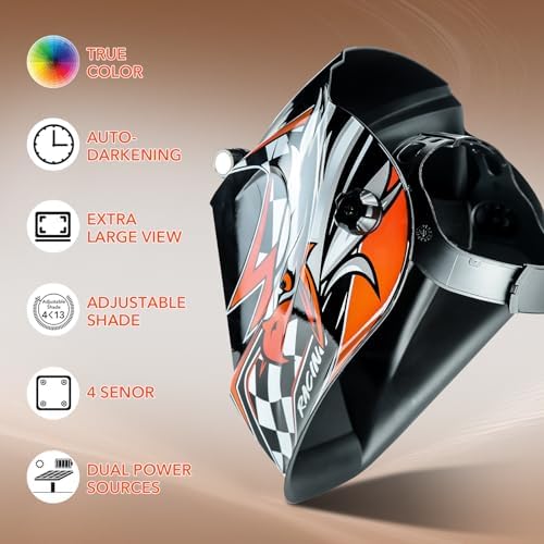 TRQWH Welding Helmet Auto Darkening Large Viewing True Color Solar Powered Welding Mask with 4 Arc Sensor Adjustable Wide Shade Range 4~5-8/9-13 Welder Mask with Grinding