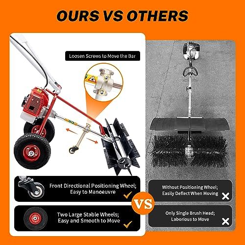 Gas Powered Power Broom 43CC 1.7HP, Walk Behind Sweeper Brush 2-Stroke Engine, Nylon Rolling Brush Lawn Sweeper Cleaner, Portable Turf Sweeper for Artificial Grass, Gravel, Snow, Yard Cleaning