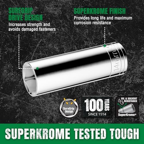 SK Tools USA 1/4"Drive Socket Set, Deep Metric Sockets, 13-Piece 4-15mm | 6 Point, SuperKrome Finish, Premium CR-V Steel, with Storage Rail