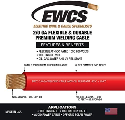 EWCS 2/0 Gauge Premium Extra Flexible Welding Cable 600 Volt - Red - 50 Feet - Made in the USA