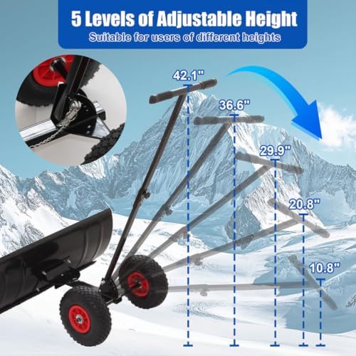 29" Snow Pusher Shovel with Wheels, Heavy Duty Steel Wheeled Snow Shovel with 45° Adjustable Blade, 5-Position Height Handle & 10" Rubber Wheels, Manual Snow Plow for Driveway, Sidewalk, Deck,