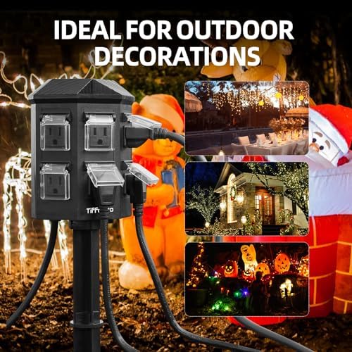 TiFFCOFiO Outdoor Power Strip Weatherproof, 25 FT Extension Cord with Stake, 6 Grounded Outlets for Christmas Yard Decorations and Inflatables, 15A/1875W, ETL Listed (Pack of 2)