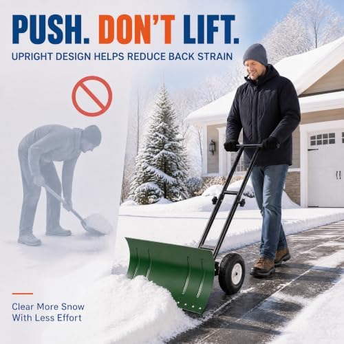 GarveeLife Wheeled Snow Shovel - 29in Steel Blade, 10in Wheels Green/Black
