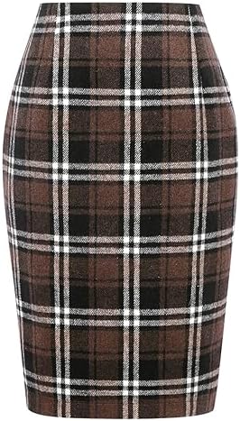 IDEALSANXUN Plaid Skirts for Women Fall Winter Knee Length Pencil Wool Skirt with Slit