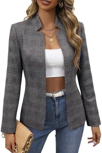 Mina Self 2026 Fall Women's Open Front Tweed Blazer,Plaid Fitted Jacket