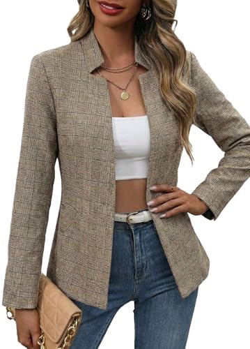 Mina Self 2026 Fall Women's Open Front Tweed Blazer,Plaid Fitted Jacket